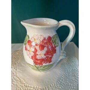 Hand Painted Floral Pitcher Cream‎ White Red Flowers Farmhouse Decor Vase